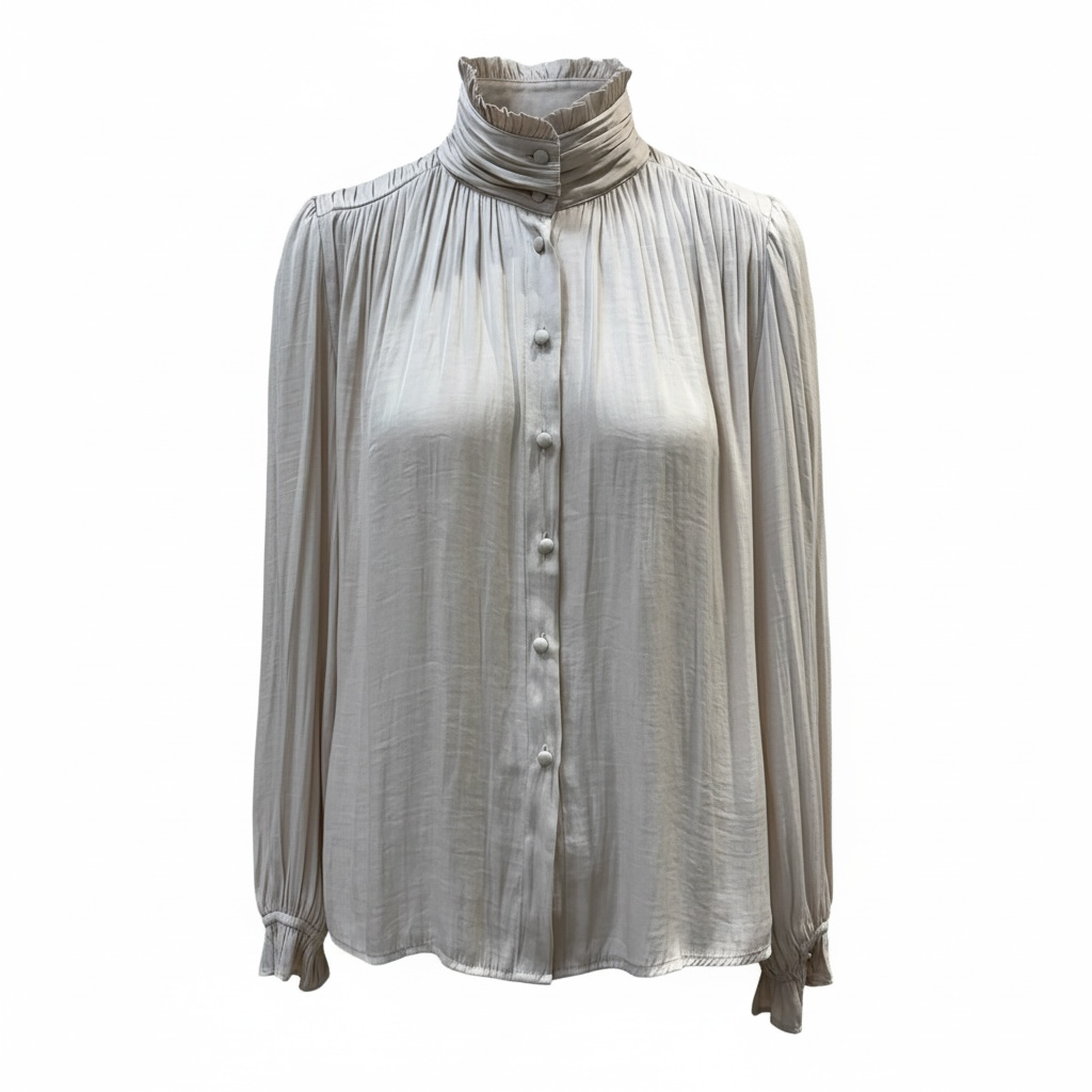 Frill High-Neck Satin Blouse